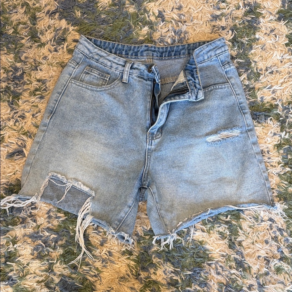 Trendy Light Blue Distressed Jean Shorts